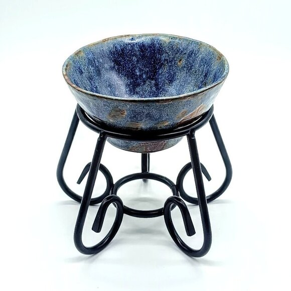 Empty Bowls Blue Ceramic Bowl Black Wrought Iron Stand - Picture 1 of 5